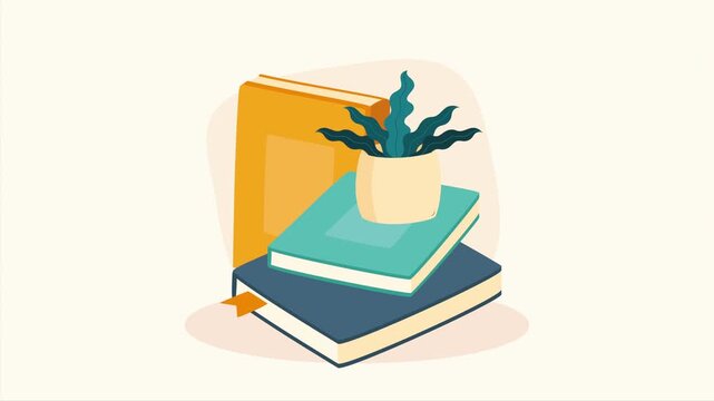 Animated book stack with growing potted plant appearing on desk background for education and learning concept.