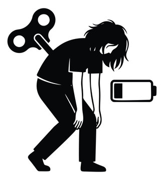 Silhouette illustration of exhausted person depicting low energy and fatigue with wind up key and dead battery for health and wellness design
