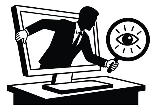 Bold silhouette illustration of businessman emerging from computer screen holding magnifying glass with eye depicting digital surveillance for cybersecurity design