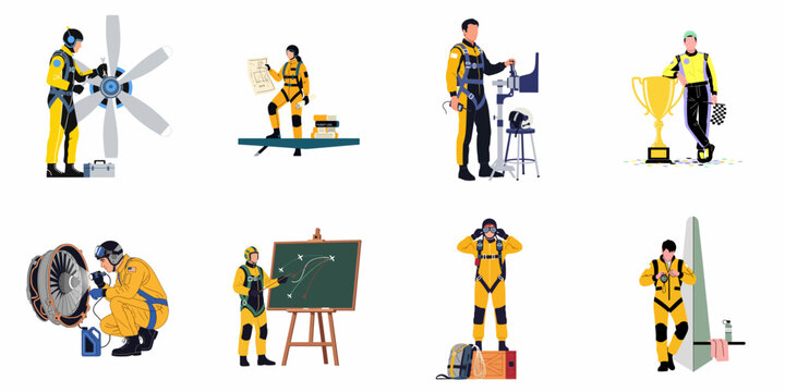 Set of flat vector illustrations depicting pilots flight crew and aviation technicians in yellow uniforms performing various professional tasks and celebrating victories