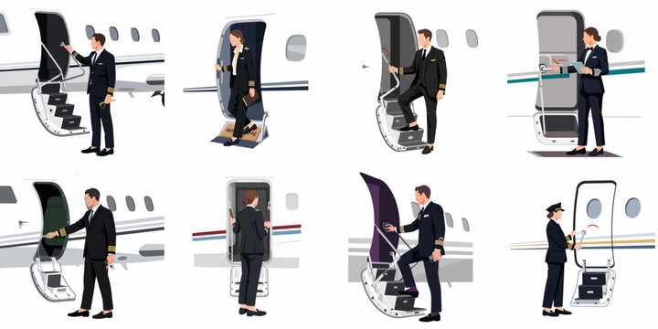 Flat vector illustration collection of male and female airline pilots boarding and exiting a private business jet on the tarmac.