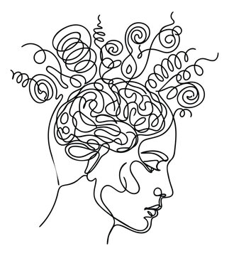 Line art illustration of human head with tangled brain depicting mental chaos and overthinking for psychology and wellness design