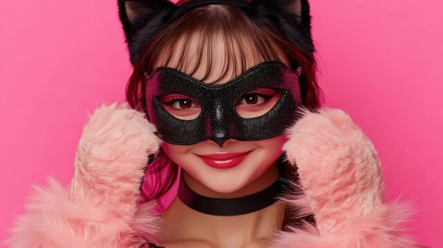 Pink background behind masked, furry figure. Cat ears frame her face. Black mask covers eyes and nose. Fur-lined gloves hug her shoulders. Soft pink fur adds texture. Choker completes the look
