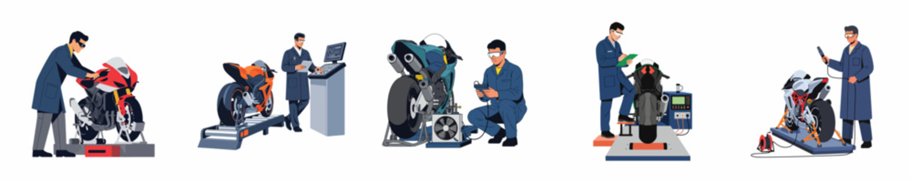 Set of illustrations featuring mechanics and engineers conducting maintenance, diagnostic tests, and performance evaluations on different sports motorcycles in a professional workshop setting.