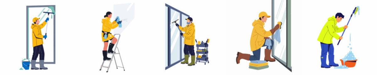 Obraz premium Set of professional window cleaners characters in various poses using specialized tools for residential and commercial cleaning services, flat vector illustration.