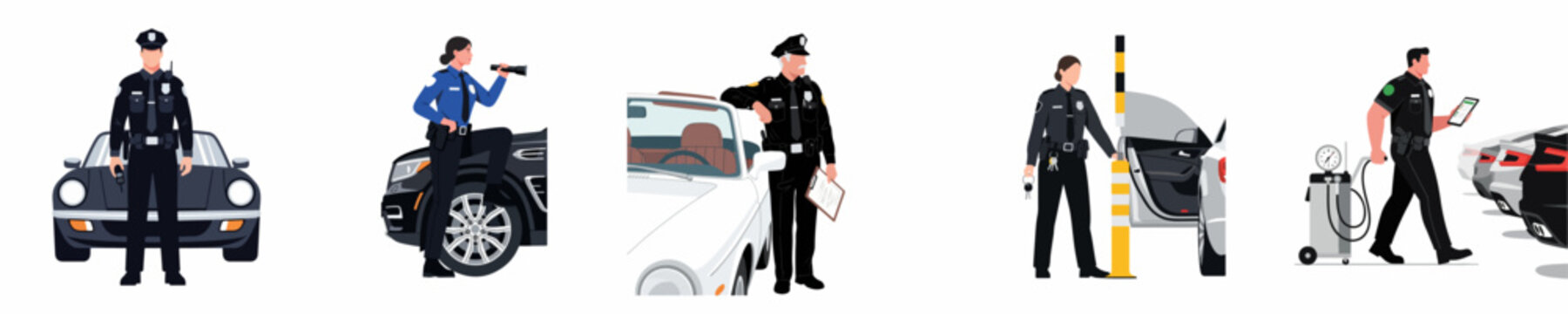 Flat vector illustrations of male and female police officers in uniform performing various duties around vehicles including inspections, patrols, and traffic stops.