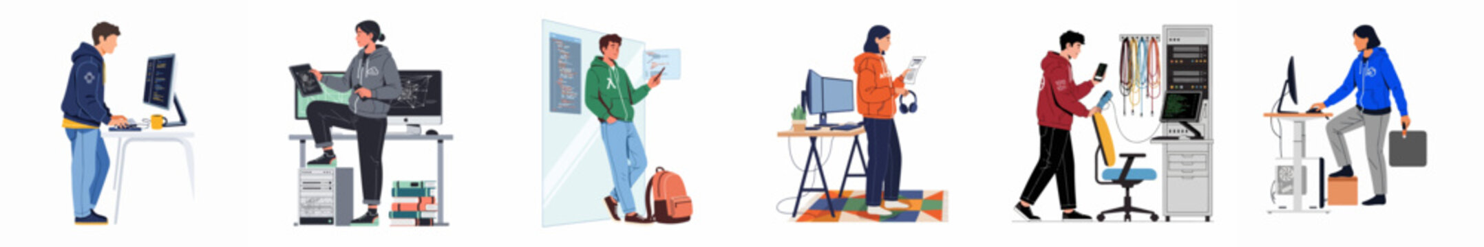 Flat vector illustrations of young programmers and IT professionals working on coding, software development, and network infrastructure in modern office settings.