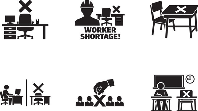 Missing student and vacant workplace icon set with dismissal and worker shortage symbols.