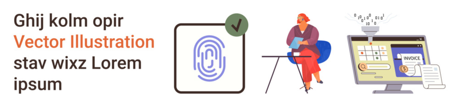 Identity verification, workflow automation, document processing, business management, security solutions, technology integration. Biometric fingerprint, woman at desk digital invoice. Identity