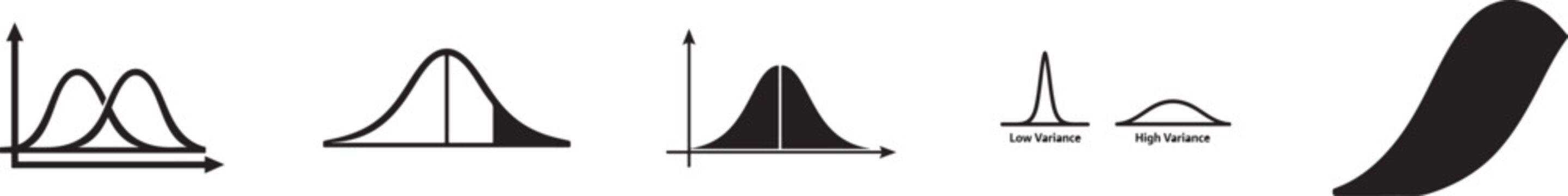 Statistics icon set with bell curve and normal distribution for analytics and data reports.