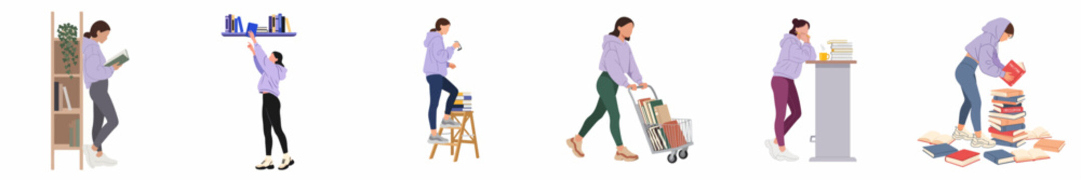 Flat vector illustrations of young women reading, organizing, and studying with books in various library or home settings