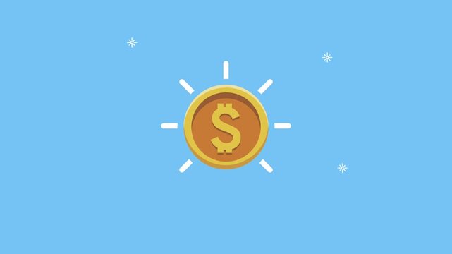 Animated gold dollar coin bouncing on blue background featuring minimalist graphic design and smooth motion graphics for financial concepts.