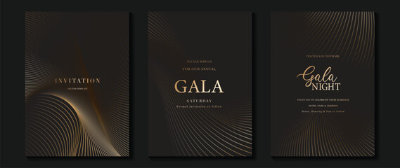Luxury gala invitation card background vector. Golden elegant wavy gold line pattern on black background. Premium design illustration for wedding and vip cover template, grand opening.