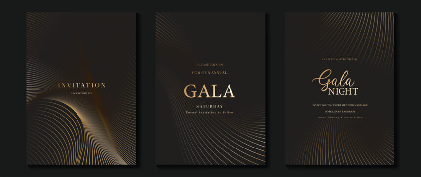 Luxury gala invitation card background vector. Golden elegant wavy gold line pattern on black background. Premium design illustration for wedding and vip cover template, grand opening.
