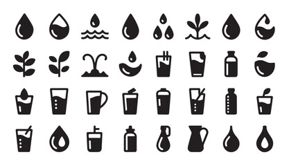 Obraz premium Beverage and hydration icon set with diverse glasses cups bottles and natural plant symbols.