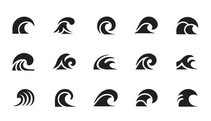 Wave icon set with various curling and cresting water shapes for surf and ocean design theme. © Md Rony