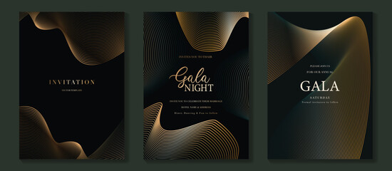 Fototapeta na wymiar Luxury gala invitation card background vector. Golden elegant wavy gold line pattern on black background. Premium design illustration for wedding and vip cover template, grand opening.