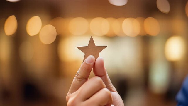 Close-up macro shot of a human fingertip holding a small, rustic cardboard star against a warm, blurred bokeh background, symbolizing achievement, success, and positive feedback.