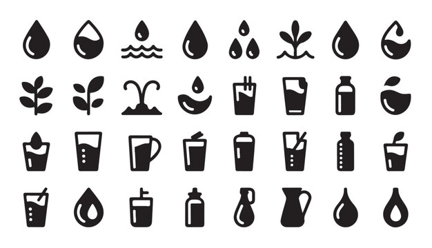 Beverage and hydration icon set with diverse glasses cups bottles and natural plant symbols.