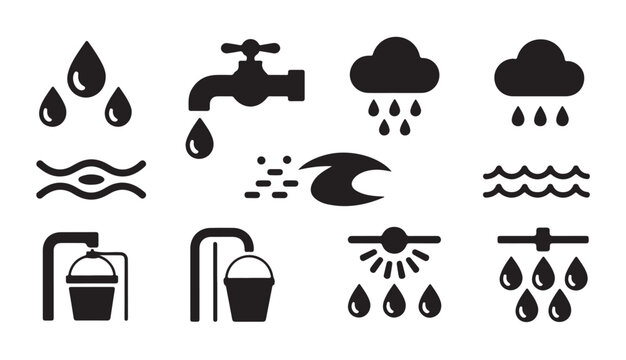 Plumbing and weather icon set with faucets clouds rain drops and shower head water symbols.