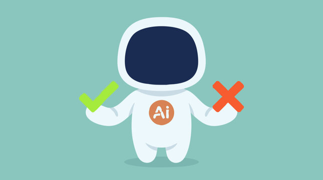 AI astronaut character holding checkmark and X symbol for decision making
