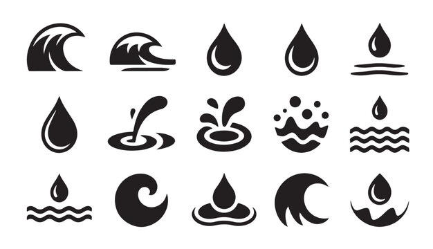 Water waves and drops icons set, ocean, sea, clean liquid, natural element symbols.
