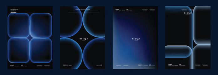 Fototapeta na wymiar Futuristic dark blue abstract poster set vector. Cyber glow rounded geometric gradient templates for technology event, music cover, digital design and modern background.