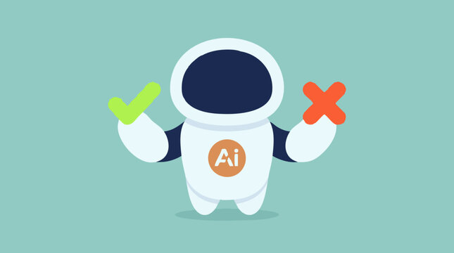 AI robot deciding, showing green checkmark and red crossmark