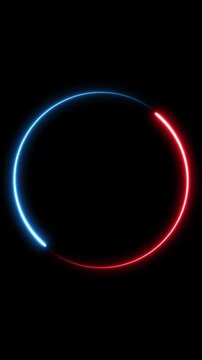 Red and blue neon ring divided in half on black. Red and blue neon ring circle. Red and blue neon ring motion background.