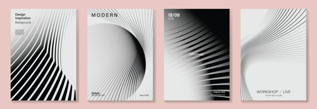 Minimal black and white abstract poster set vector. Monochrome curved line gradient backgrounds for workshop, exhibition, modern art, corporate flyer and graphic design.