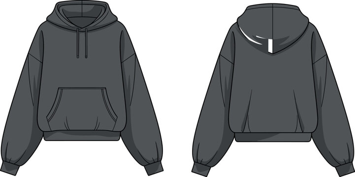 Technical flat sketch of a women's oversized heavy fleece pullover hoodie vector illustration with kangaroo pocket front and back views for tech packs.