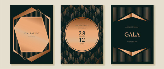 Fototapeta premium Luxury dark emerald green and copper gold gala invitation card set vector. Art deco geometric line templates for wedding, save the date, VIP party, formal event and elegant stationery design.