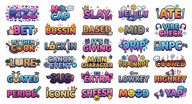 Trending American Slang Quotes Icon Bundle Sheet Colorful Gen Z Typography Vector Set