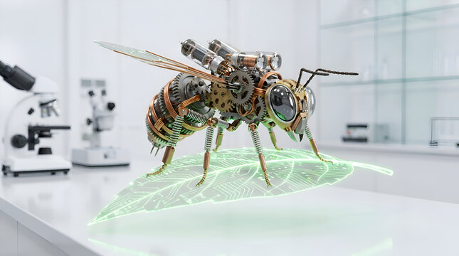 Intricate steampunk mechanical insect with gears and copper coils perched on a glowing circuit board leaf in a lab.