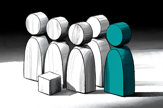 Teal figure stands out from a group of white figures with round heads a small cube on the ground stand out difference individuality symbolic contrast outsider follower conformity abstract