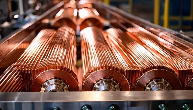 close up of the air cooling system in a copper extrusion die showing fans blowing cool air over the copper rods quickly lowering the temperature and removing heat