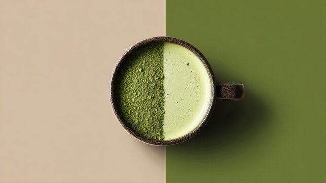 Artistic matcha drink composition minimalist setting beverage photography contemporary style top view aesthetic presentation