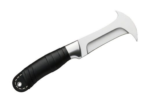 Professional gardening knife with a sharp curved blade and black rubber handle isolated transparent png.