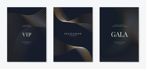 Luxury gala invitation card background vector. Golden elegant wavy gold line pattern on black background. Premium design illustration for wedding and vip cover template, grand opening.