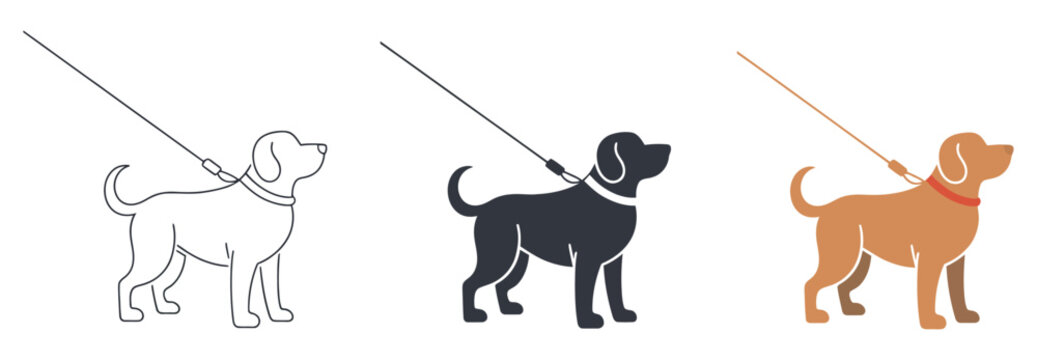 Dog standing on leash with collar vector illustration for pet walking obedience and public area pictogram signage design