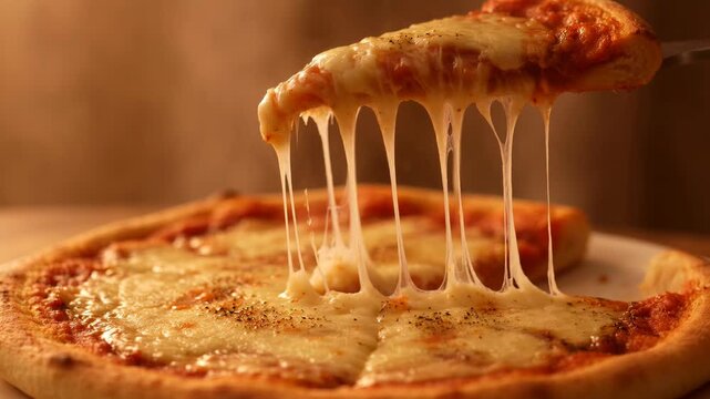Cheesy pizza on a plate with a slice missing