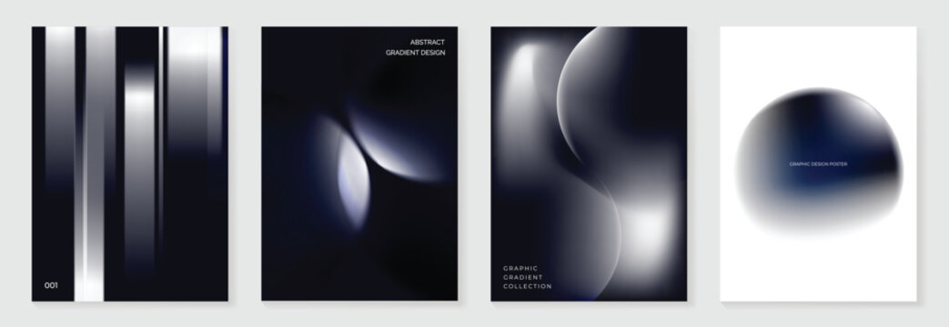 Minimal black and white abstract poster set vector. Monochrome curved line gradient backgrounds for workshop, exhibition, modern art, corporate flyer and graphic design.