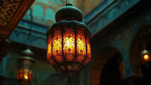 Vibrant lantern with intricate cutwork design hanging from ceiling, casting warm glow in grand entrance.