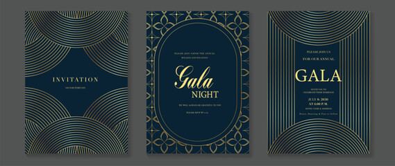 Fototapeta na wymiar Luxury jade and emerald green gala invitation card set vector. Art deco gold geometric line templates for wedding, party, corporate event, VIP celebration and formal night design.