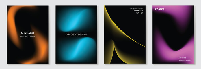 Fototapeta na wymiar Abstract neon gradient poster set vector. Dark black colorful glowing backgrounds with blurred shapes for music cover, technology event, digital flyer and modern graphic design.