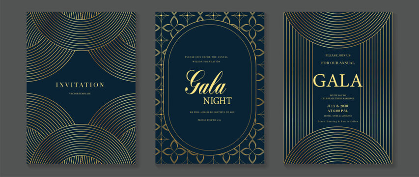 Luxury jade and emerald green gala invitation card set vector. Art deco gold geometric line templates for wedding, party, corporate event, VIP celebration and formal night design.