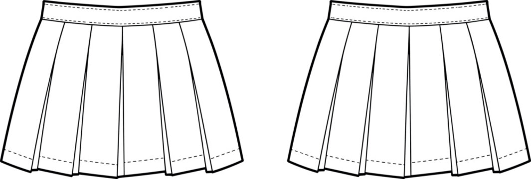 Technical flat sketch of a women's pleated mini skirt, box pleat tennis skirt vector illustration, front and back view, apparel fashion CAD design.