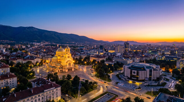 Panoramic view of Sofia, Bulgaria at dusk, featuring Alexander Nevsky Cathedral and the National Palace of Culture.