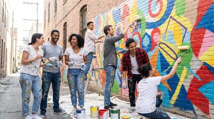 Obraz premium Friends Creating Colorful Mural for Self Expression