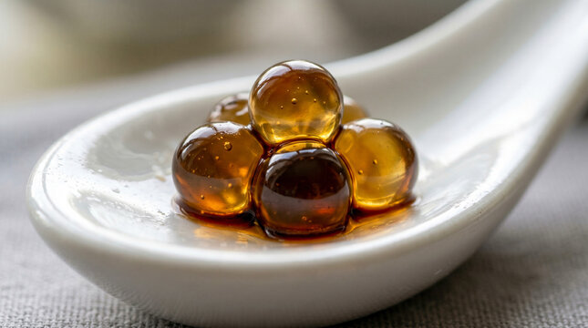 Molecular Gastronomy Spherification Pearls on White Ceramic Spoon